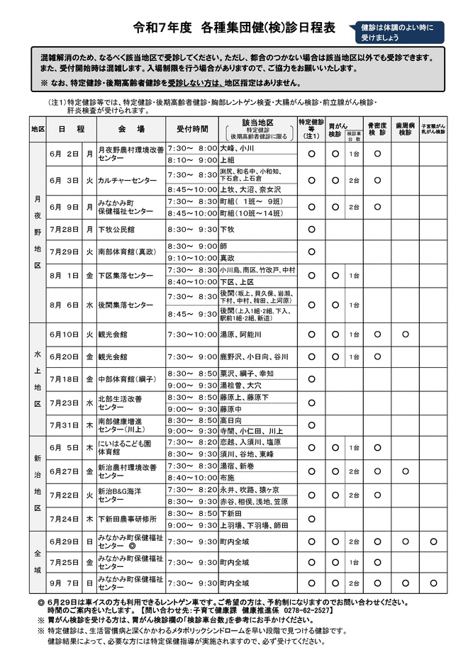 令和5年度各種集団健(検)診日程表
