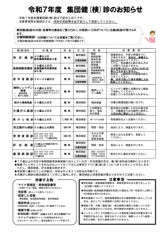 令和7年度集団健(検)診のお知らせ